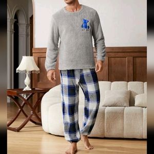 Men Letter Embroidery Teddy PJ Set